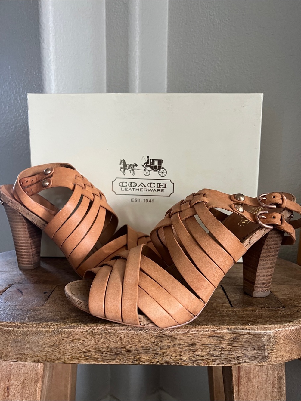 Coach Adrienn Vacchetta Leather Sandals in Camel